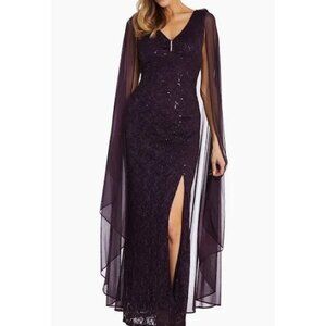Purple Plum Lace & Sequin Long Dress Gown w/ Sheer Capelet R&M Richards Size 8
